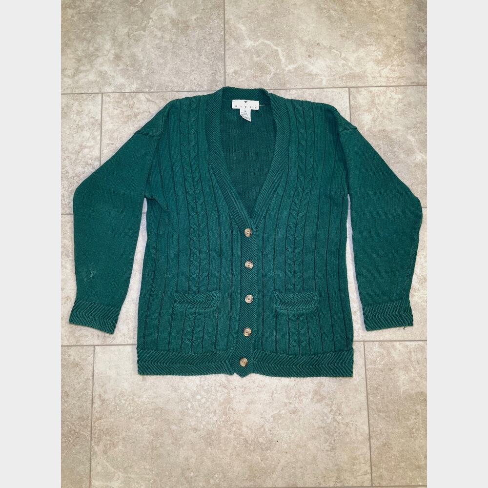 Vintage Forest Green Knit Cardigan Hobbit Sz M Pockets Hong Kong Chunky Buttons